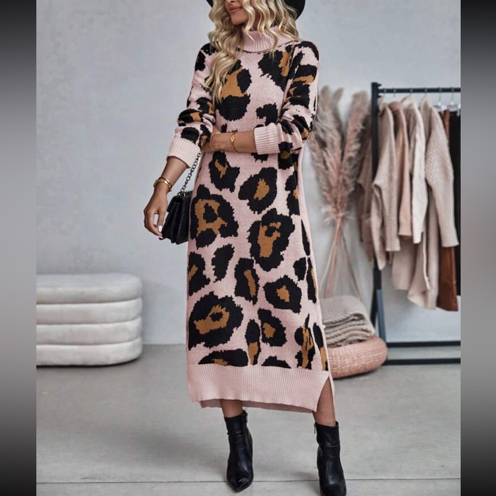 Cozy leopard print high neck sweater dress